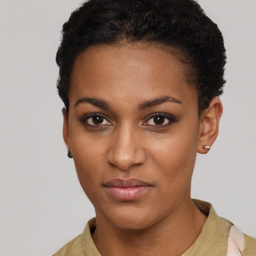 Neutral black young-adult female with short  brown hair and brown eyes