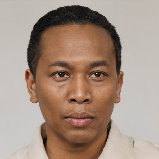 Neutral black young-adult male with short  black hair and brown eyes
