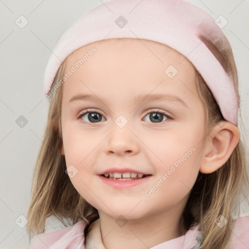 Joyful white child female with medium  brown hair and blue eyes