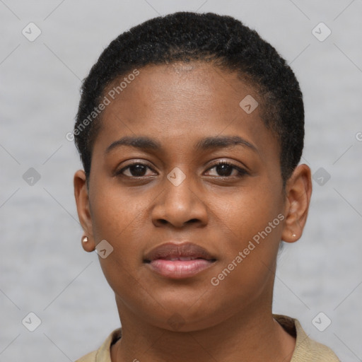 Neutral black young-adult female with short  brown hair and brown eyes