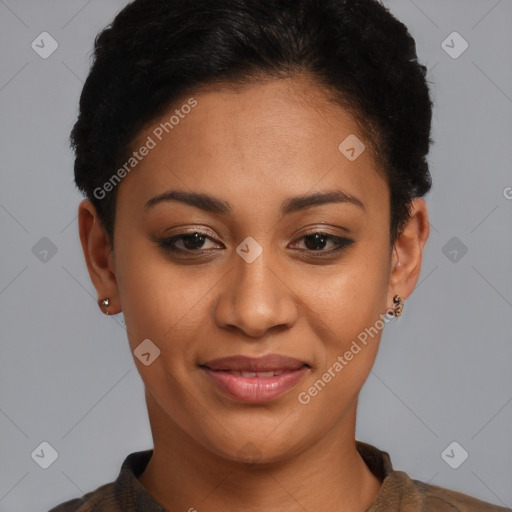 Joyful latino young-adult female with short  brown hair and brown eyes