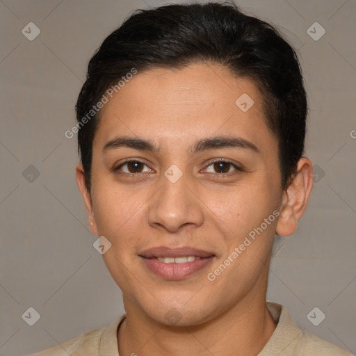 Joyful white young-adult female with short  brown hair and brown eyes