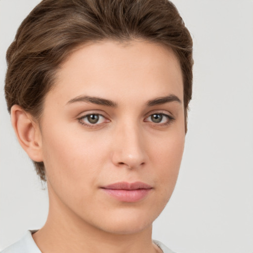 Neutral white young-adult female with short  brown hair and brown eyes