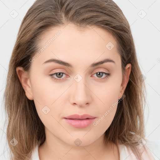 Neutral white young-adult female with medium  brown hair and brown eyes