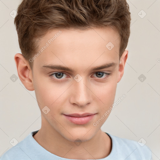 Joyful white child male with short  brown hair and grey eyes