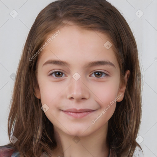 Joyful white child female with medium  brown hair and brown eyes