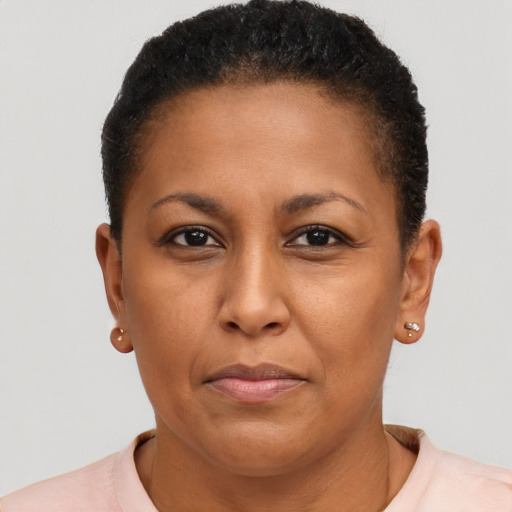 Joyful black young-adult female with short  brown hair and brown eyes