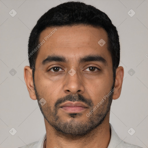 Neutral latino young-adult male with short  black hair and brown eyes