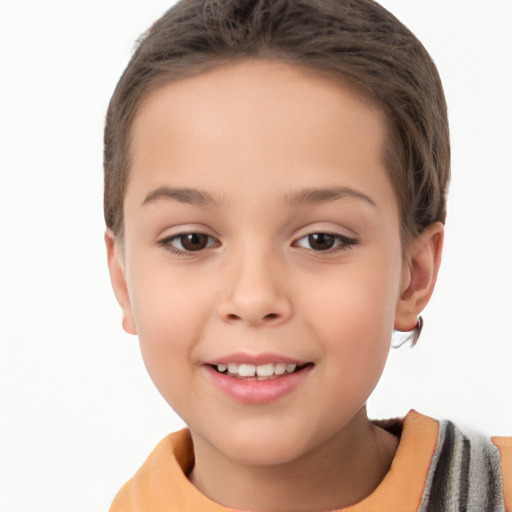 Joyful white child female with short  brown hair and brown eyes