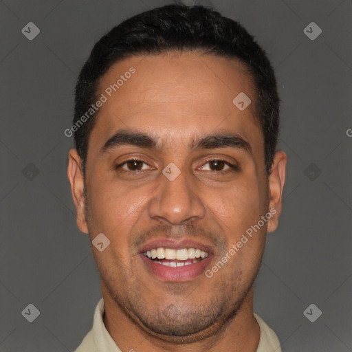 Joyful latino young-adult male with short  black hair and brown eyes