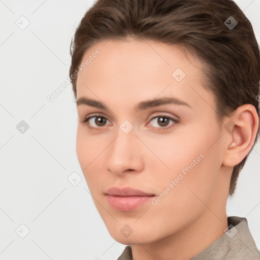 Neutral white young-adult female with short  brown hair and brown eyes