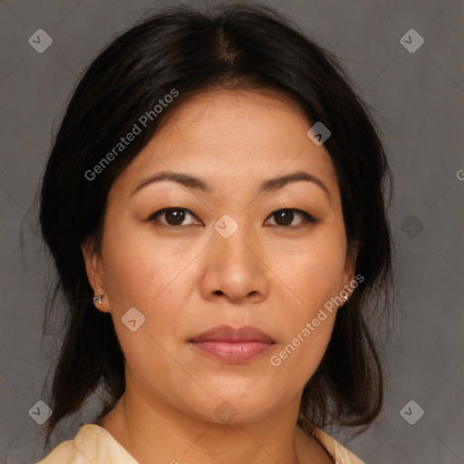 Neutral asian young-adult female with medium  brown hair and brown eyes