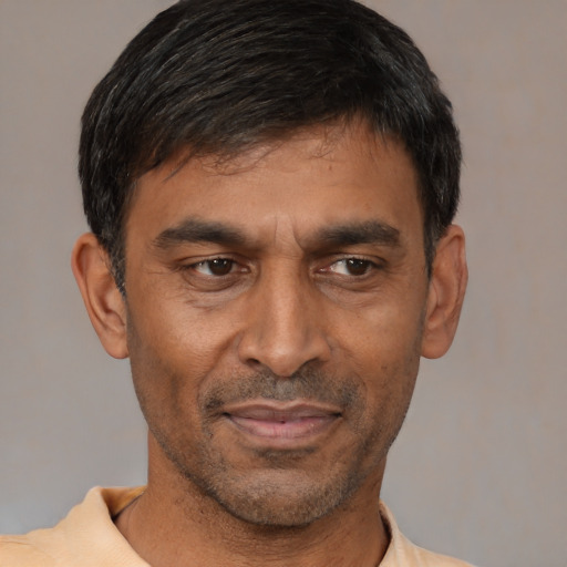 Joyful black adult male with short  black hair and brown eyes