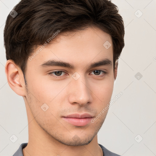 Neutral white young-adult male with short  brown hair and brown eyes