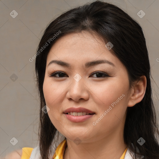 Joyful asian young-adult female with medium  brown hair and brown eyes