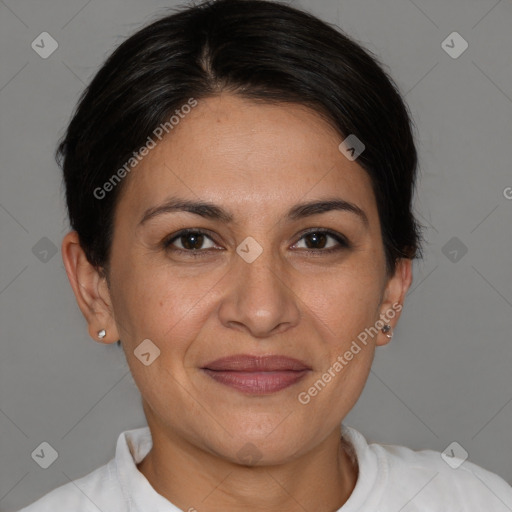 Joyful white adult female with short  brown hair and brown eyes