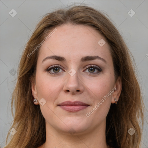 Joyful white young-adult female with long  brown hair and grey eyes