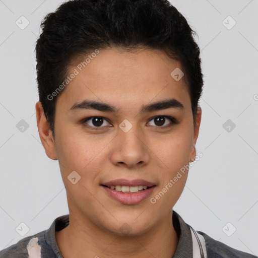 Joyful latino young-adult male with short  brown hair and brown eyes