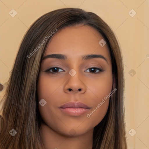 Neutral white young-adult female with long  brown hair and brown eyes