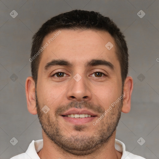 Joyful white young-adult male with short  brown hair and brown eyes