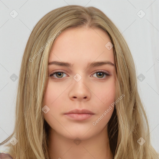 Neutral white young-adult female with long  brown hair and brown eyes