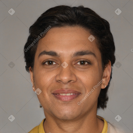 Joyful latino young-adult male with short  brown hair and brown eyes