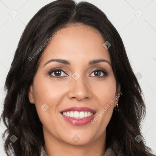 Joyful latino young-adult female with long  brown hair and brown eyes