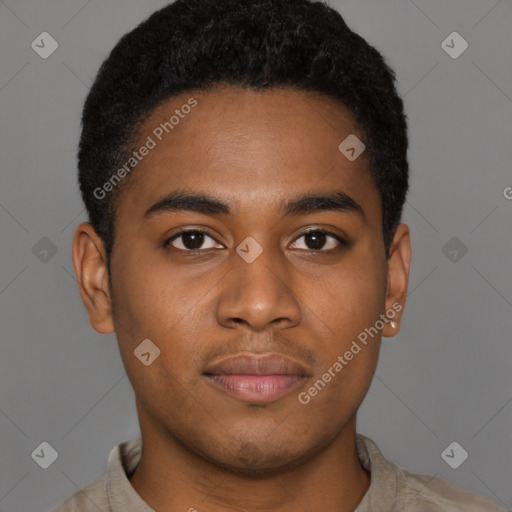 Joyful black young-adult male with short  brown hair and brown eyes