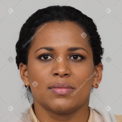 Neutral black young-adult female with short  black hair and brown eyes