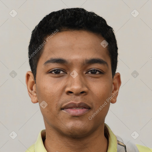 Neutral latino young-adult male with short  black hair and brown eyes
