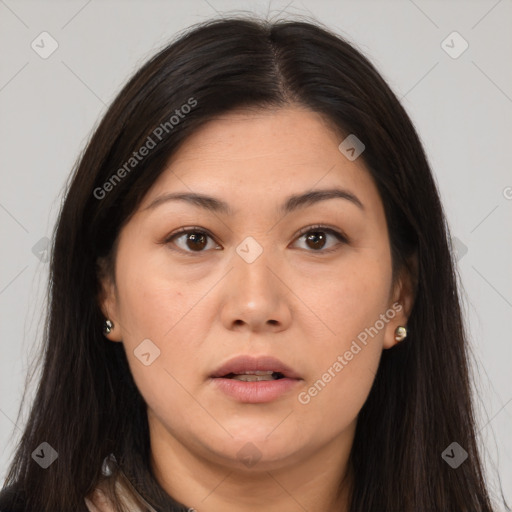 Neutral asian young-adult female with long  brown hair and brown eyes