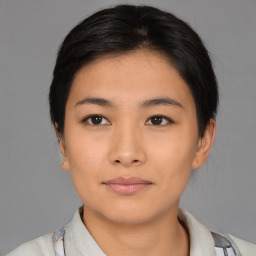 Neutral asian young-adult female with short  brown hair and brown eyes