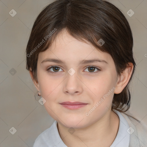 Joyful white child female with medium  brown hair and brown eyes