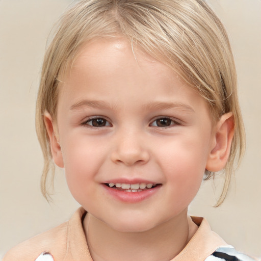 Joyful white child female with medium  blond hair and brown eyes