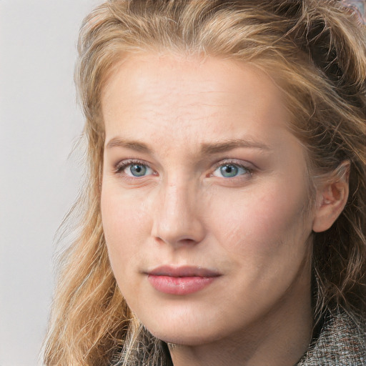 Joyful white young-adult female with long  brown hair and blue eyes