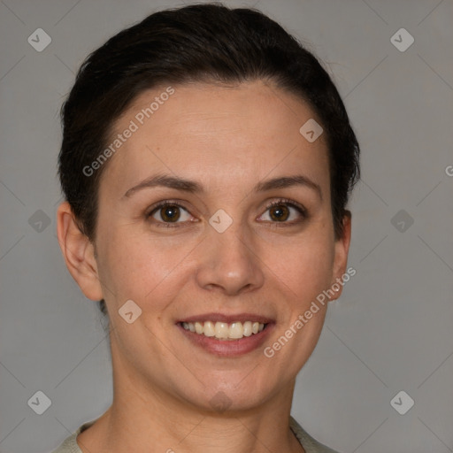 Joyful white young-adult female with short  brown hair and brown eyes