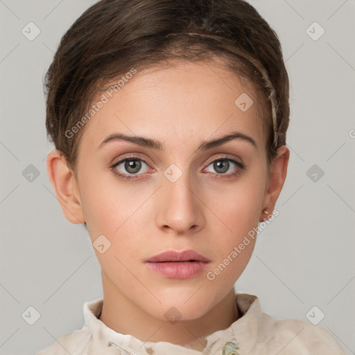 Neutral white young-adult female with short  brown hair and brown eyes