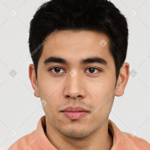 Neutral latino young-adult male with short  black hair and brown eyes