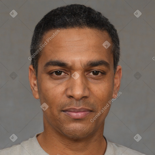 Neutral black adult male with short  black hair and brown eyes