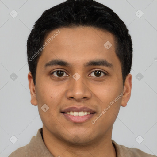 Joyful latino young-adult male with short  black hair and brown eyes