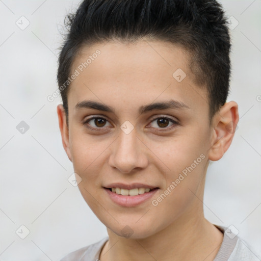 Joyful white young-adult female with short  brown hair and brown eyes