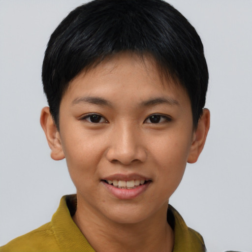 Joyful asian young-adult female with short  brown hair and brown eyes