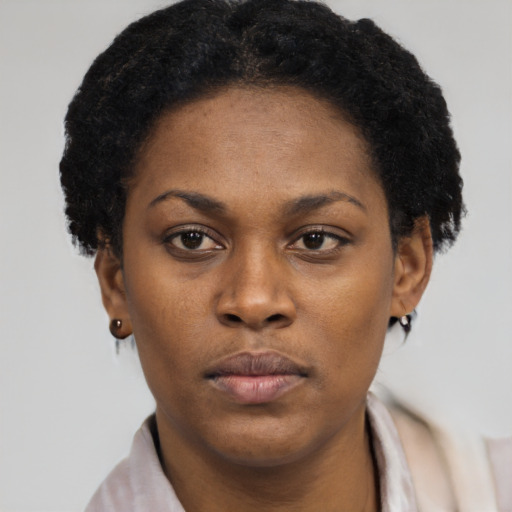 Neutral black young-adult female with short  black hair and brown eyes