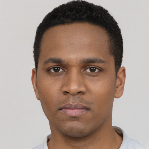 Neutral black young-adult male with short  black hair and brown eyes