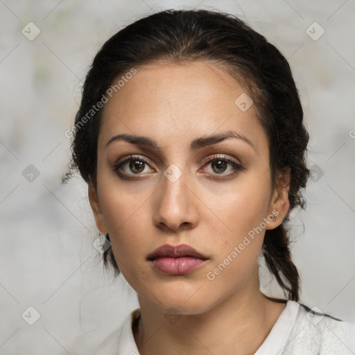 Neutral white young-adult female with medium  brown hair and brown eyes