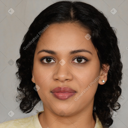 Joyful latino young-adult female with medium  black hair and brown eyes