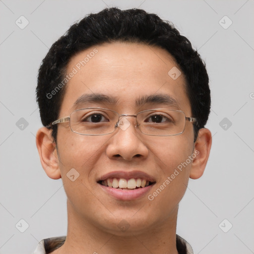 Joyful latino young-adult male with short  brown hair and brown eyes