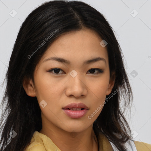 Neutral asian young-adult female with medium  brown hair and brown eyes