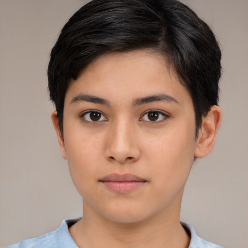Neutral asian young-adult female with short  brown hair and brown eyes