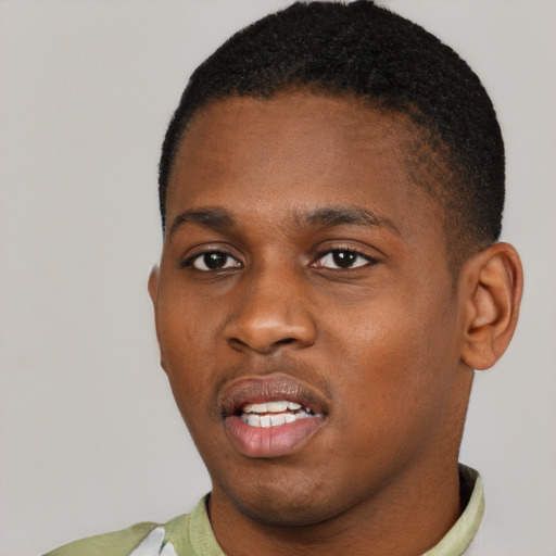 Neutral black young-adult male with short  black hair and brown eyes